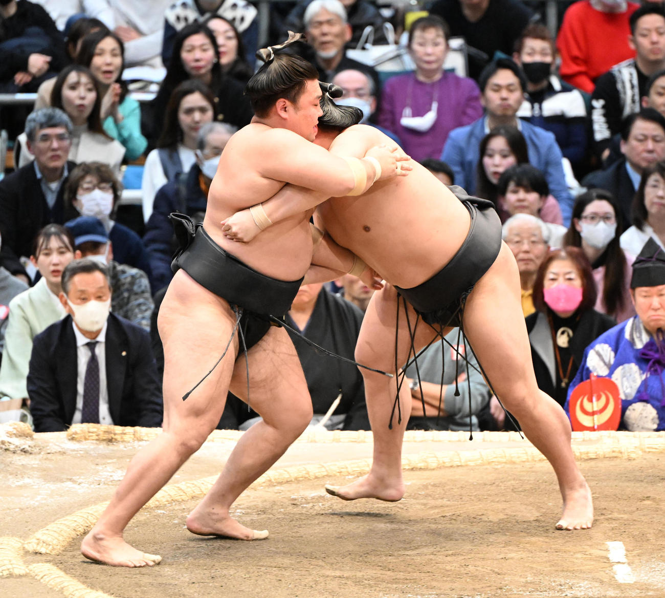 霧島（左）を寄り切りで破る若元春（撮影・和賀正仁）