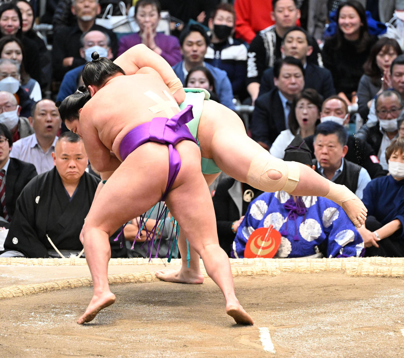 尊富士（左）は寄り切りで琴ノ若を破り全勝を守る（撮影・和賀正仁）