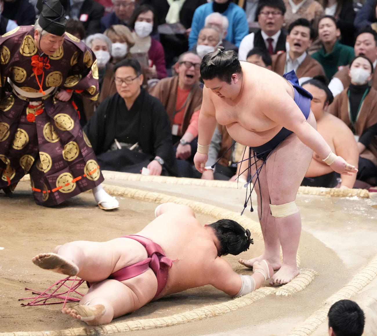 豪ノ山（右）は大栄翔をはたき込みで破る（撮影・小沢裕）