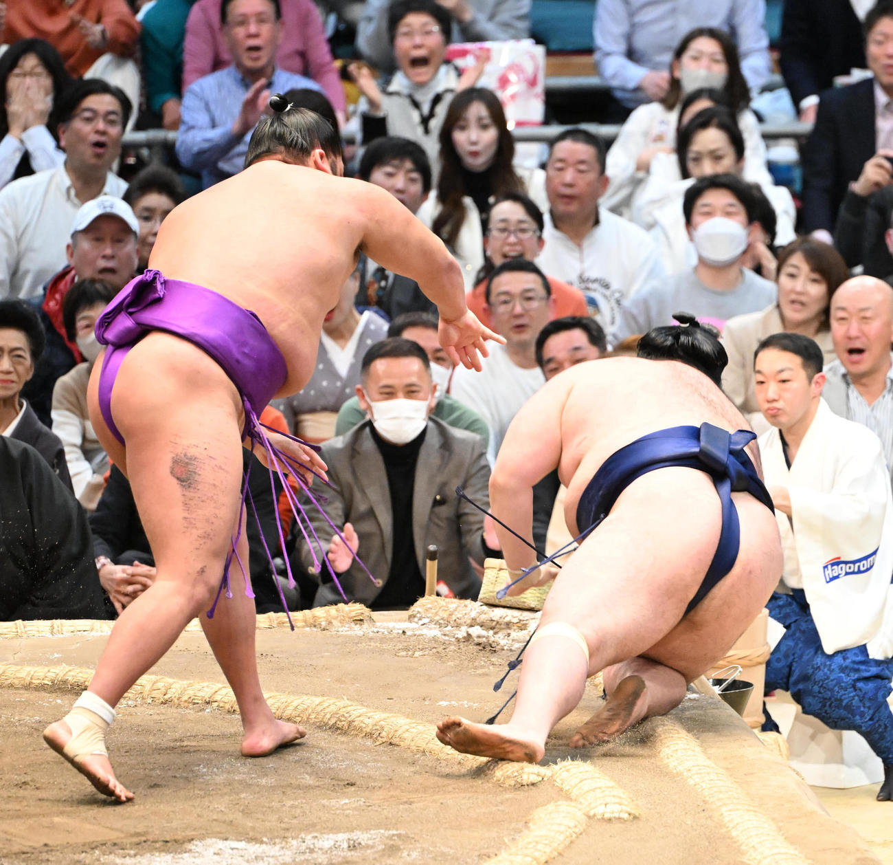 尊富士（左）は押し倒しで豪ノ山を破り優勝を決める（撮影・和賀正仁）
