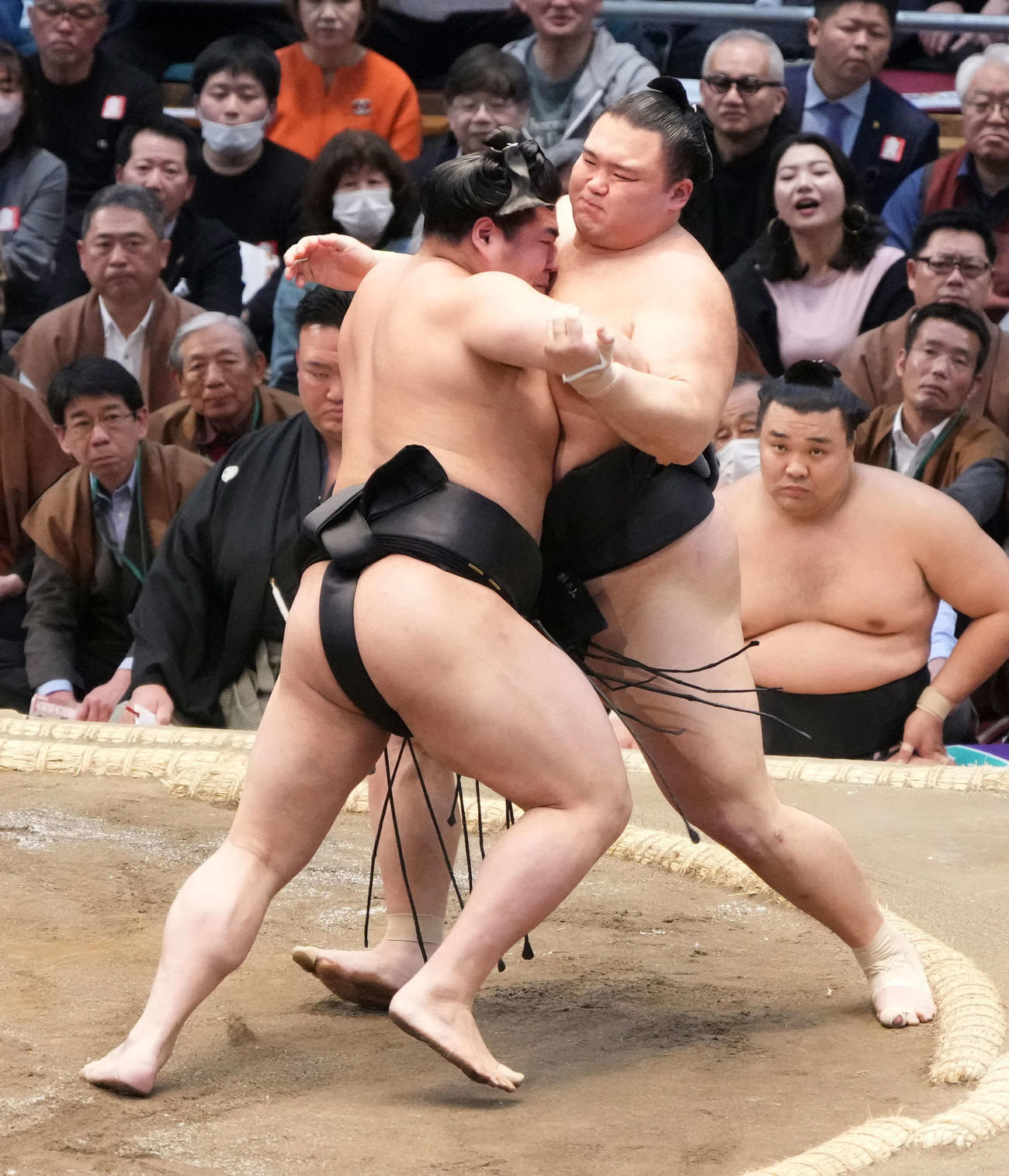 若元春（左）は朝乃山を寄り切りで破る（撮影・小沢裕）