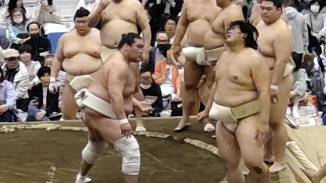 浦安巡業のぶつかり稽古で大の里（右）に胸を出す照ノ富士