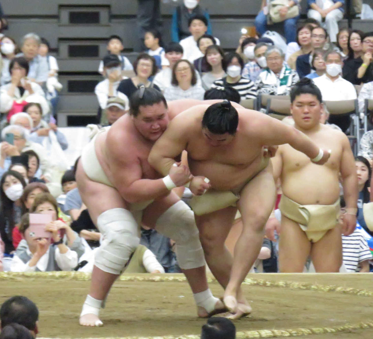 埼玉・所沢市での巡業で、平戸海（手前右）と相撲を取る稽古を繰り返した照ノ富士（同左）