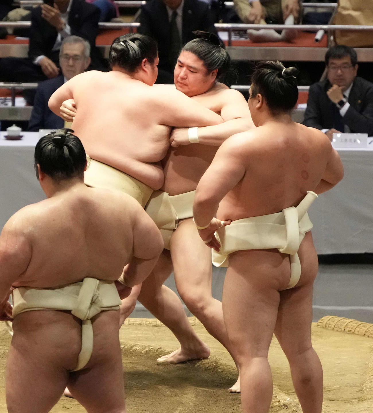 横審稽古総見の申し合い稽古で若元春（右）を寄り切る琴桜（撮影・小沢裕）