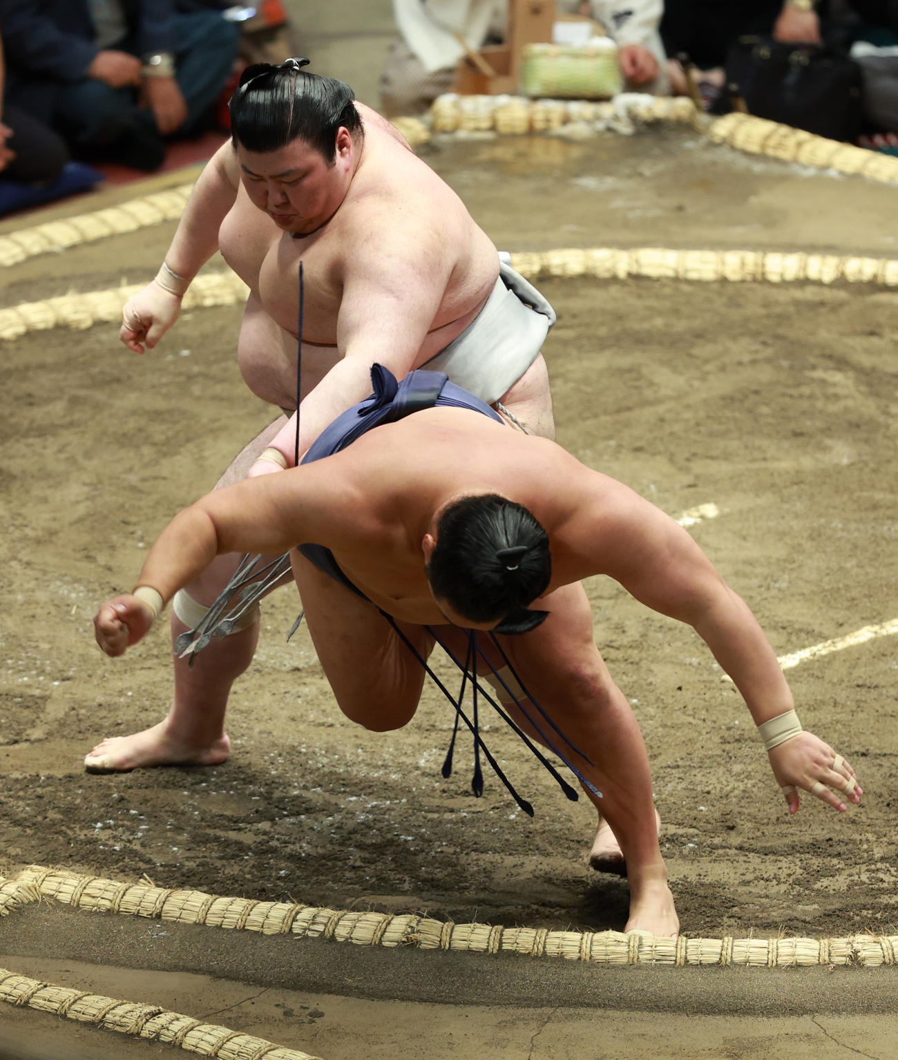 豊昇龍（下）を上手投げで破る熱海富士（撮影・中島郁夫）