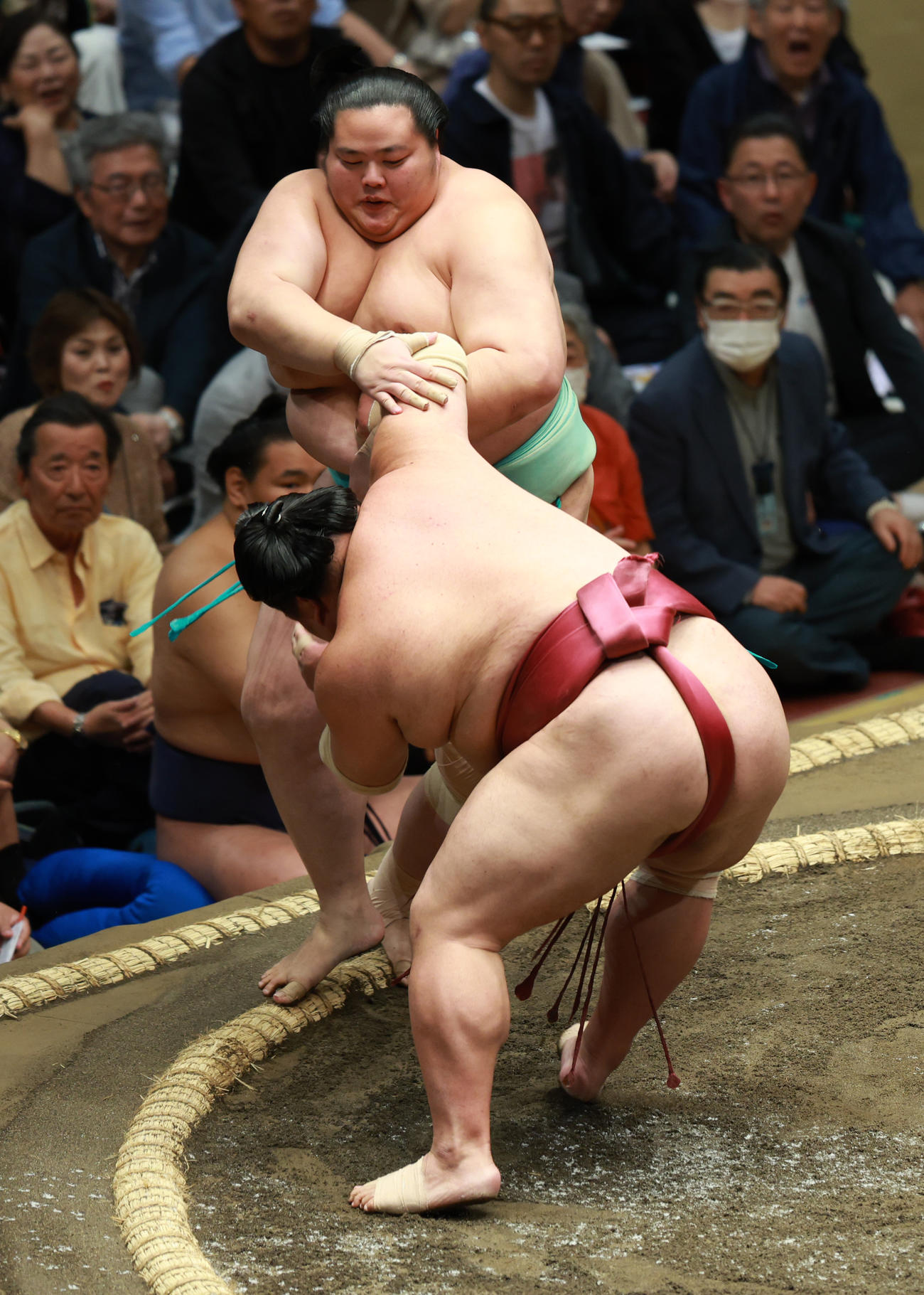 琴桜（上）を押し出しで破る大栄翔（撮影・中島郁夫）