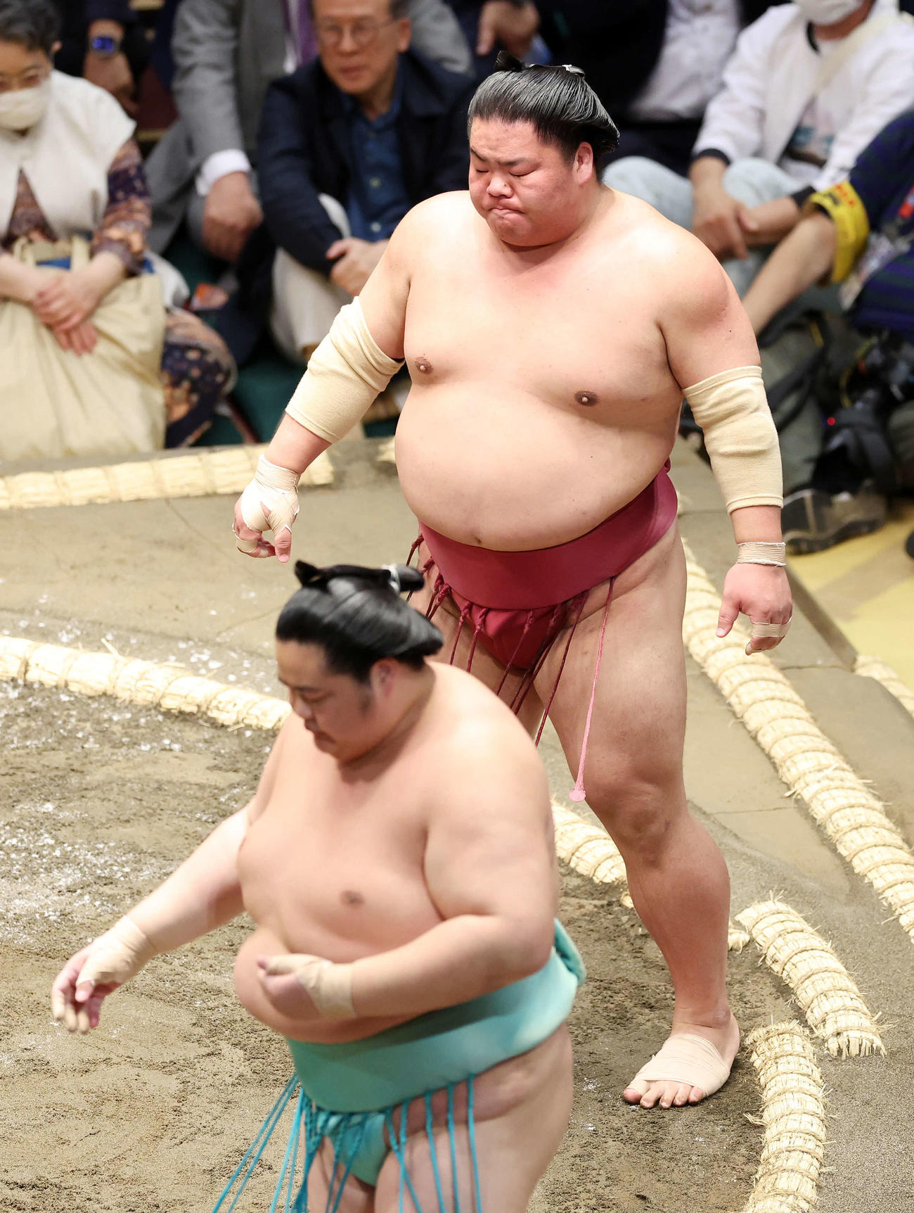 琴桜（手前）を押し出しで破った大栄翔（撮影・鈴木正人）