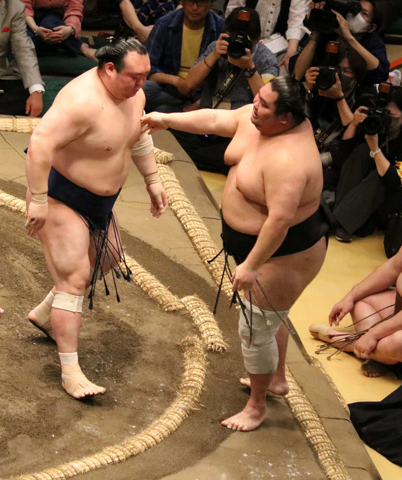 宝富士（左）は寄り切りで大奄美を破る（撮影・水谷京裕）