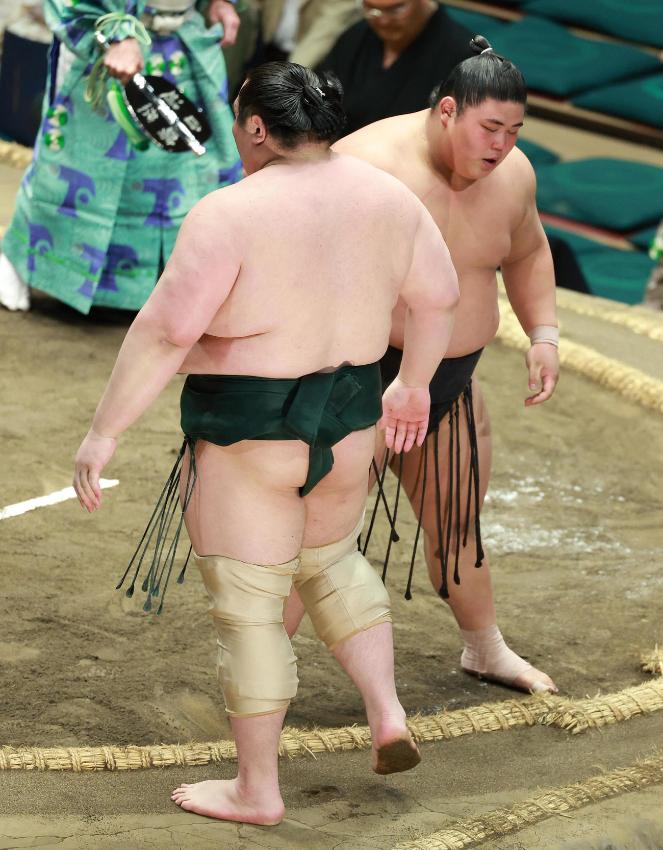 白鷹山（左）を寄り切りで破る伯桜鵬（撮影・中島郁夫）