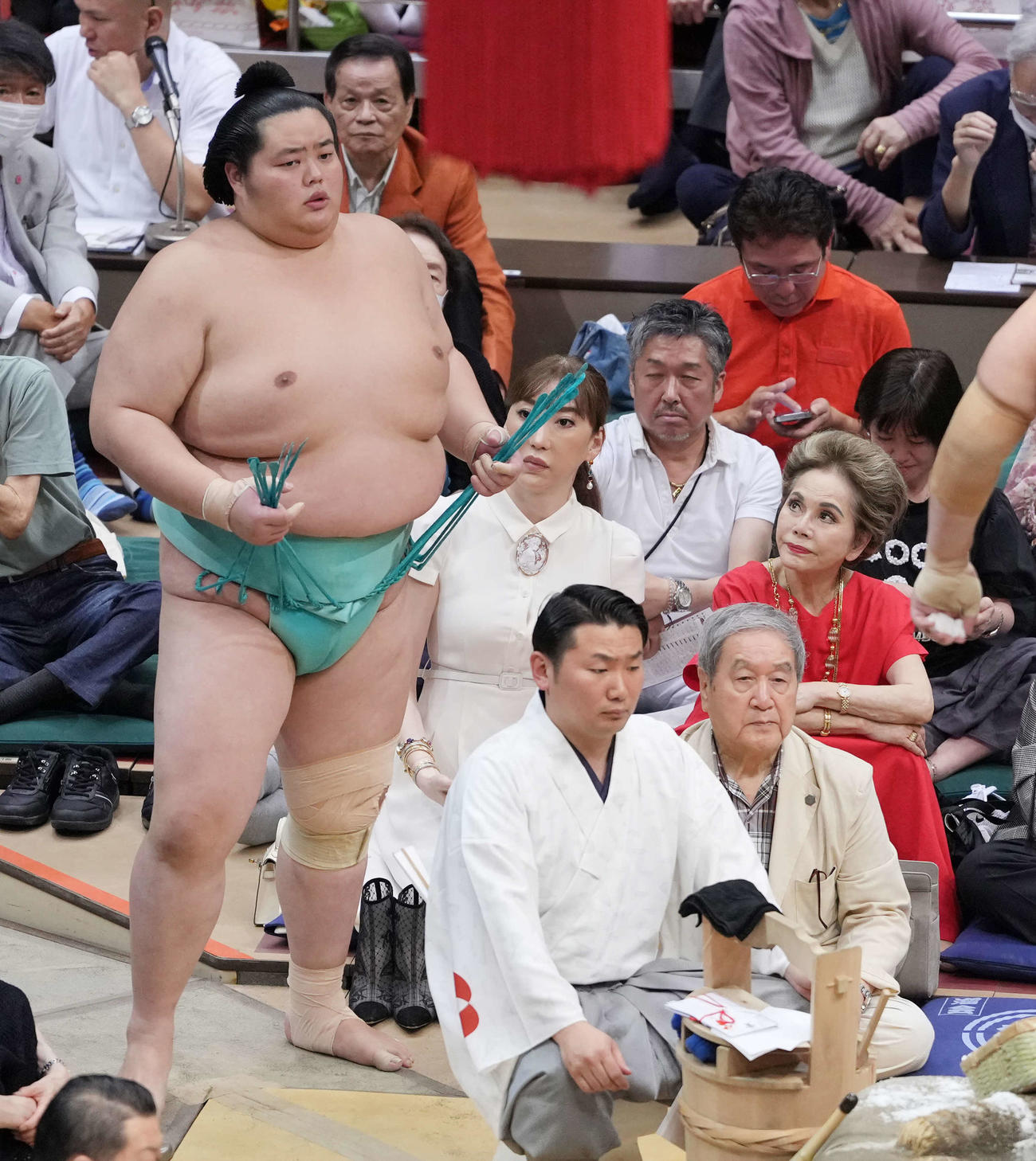 入場した琴桜。右はデヴィ夫人（撮影・小沢裕）