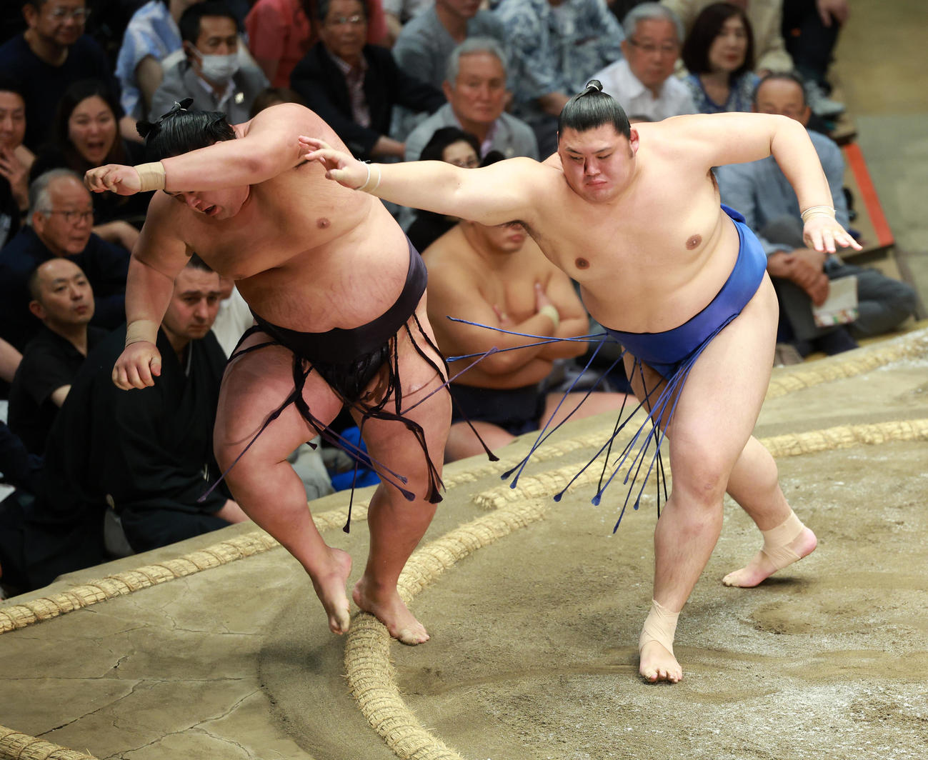 湘南乃海（左）を押し出しで破る大の里（撮影・中島郁夫）