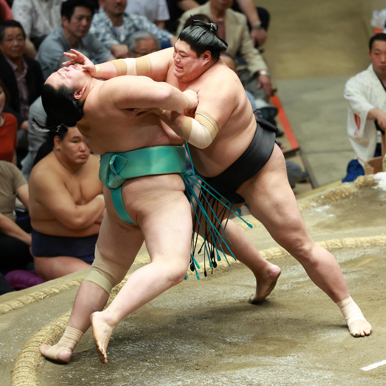 琴桜（左）に強烈な突き押しを浴びせ押し出しで破る阿炎（撮影・中島郁夫）