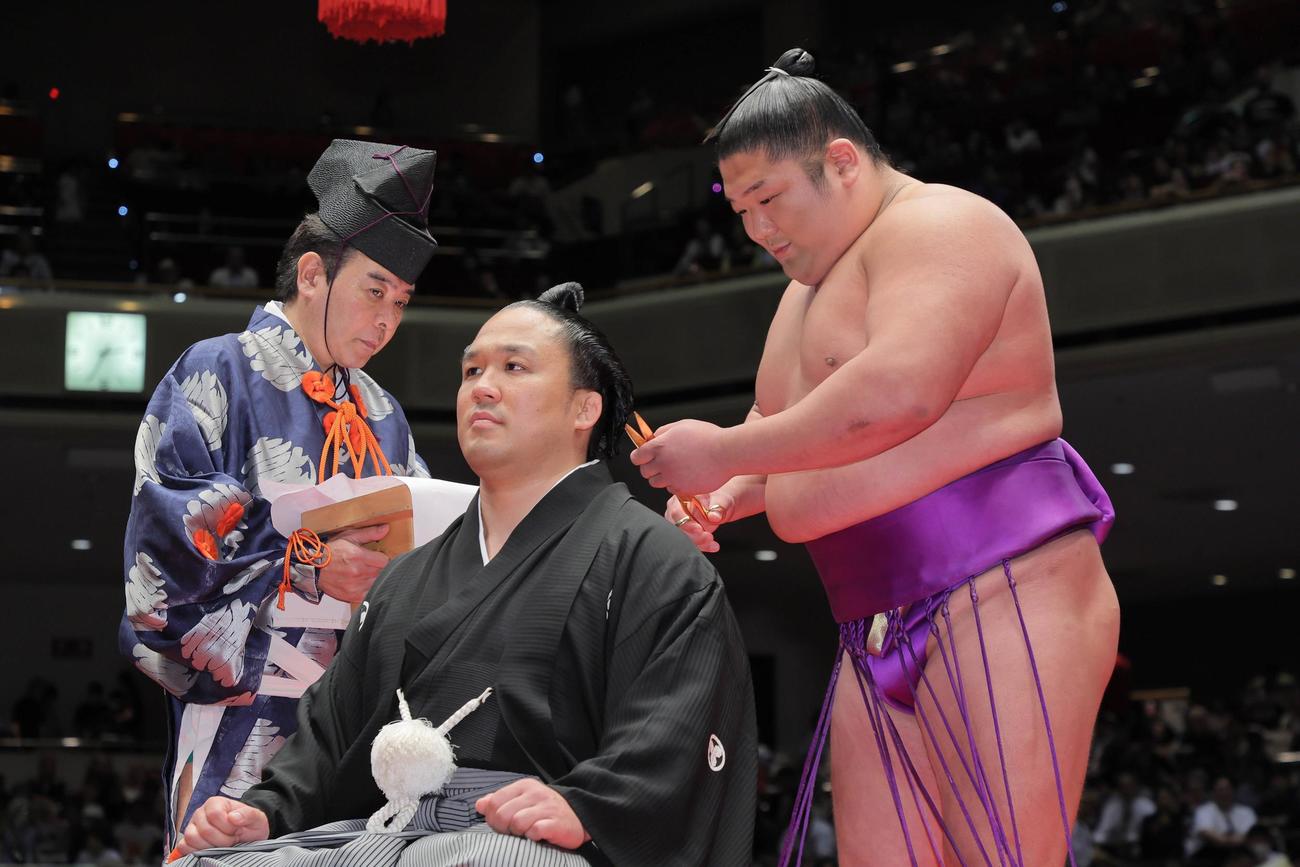 元石浦の間垣親方の大銀杏にはさみを入れる尊富士（代表撮影）