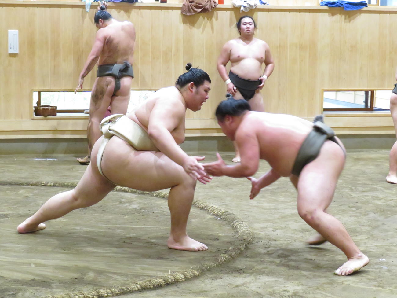 ぶつかり稽古で若い衆に胸を出した大の里（手前左）