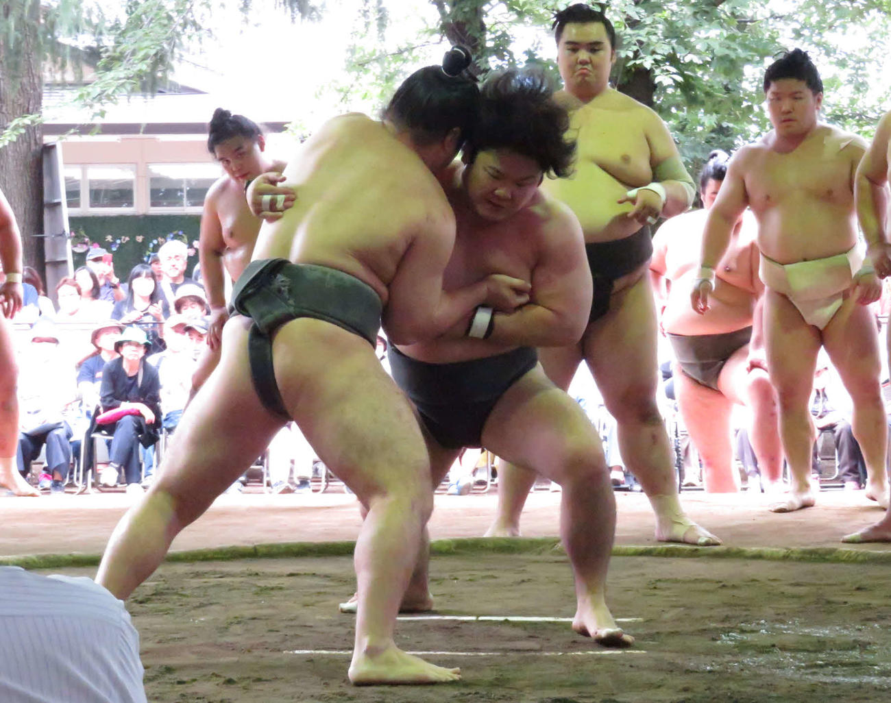 茨城・下妻市での合宿で、名古屋場所で初土俵予定の石崎（手前右）は積極的に申し合いに参加した
