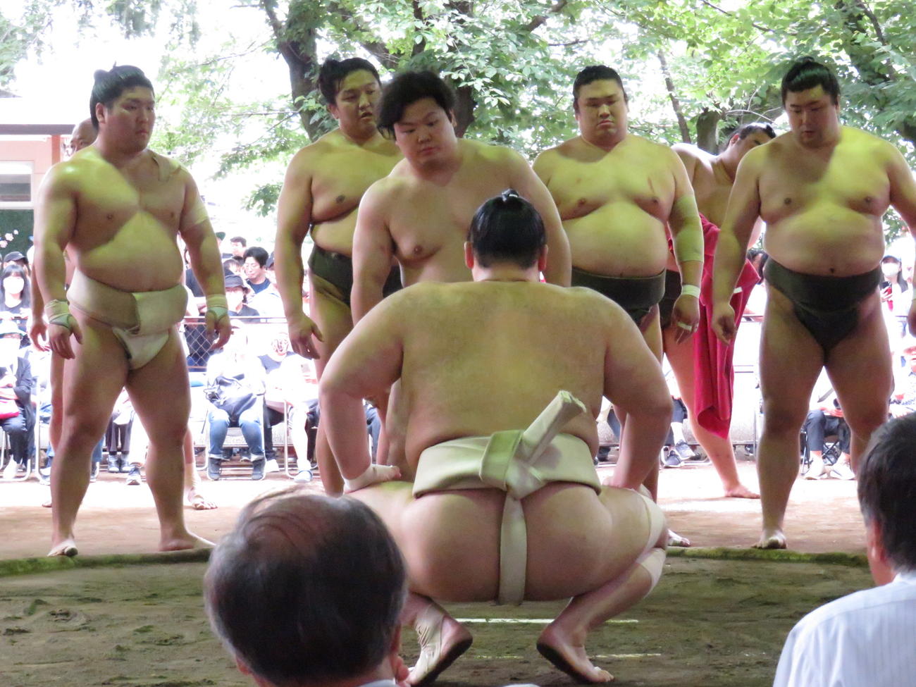 茨城・下妻市での合宿で、名古屋場所で初土俵予定の石崎（手前から2人目）は朝乃山（手前）と申し合いを行った