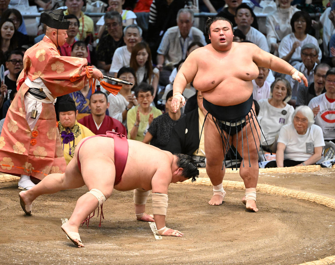 大相撲名古屋場所2日目、大栄翔（左）をはたき込みで破る貴景勝。奥に見えるのは名古屋おもてなし武将隊の織田信長（24年7月15日撮影）