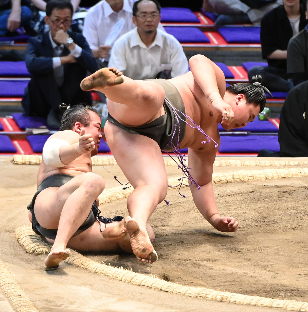大青山（右）が黒姫山を寄り切りで破る（撮影・森本幸一）