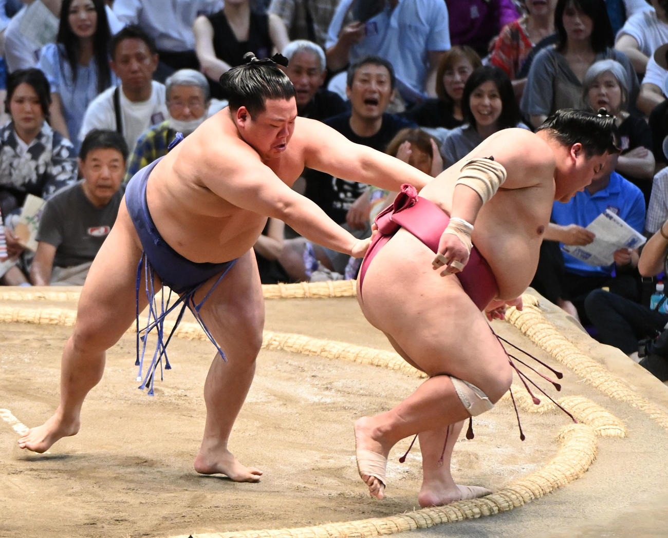 美ノ海（左）が大栄翔を送り出しで破る（撮影・森本幸一）