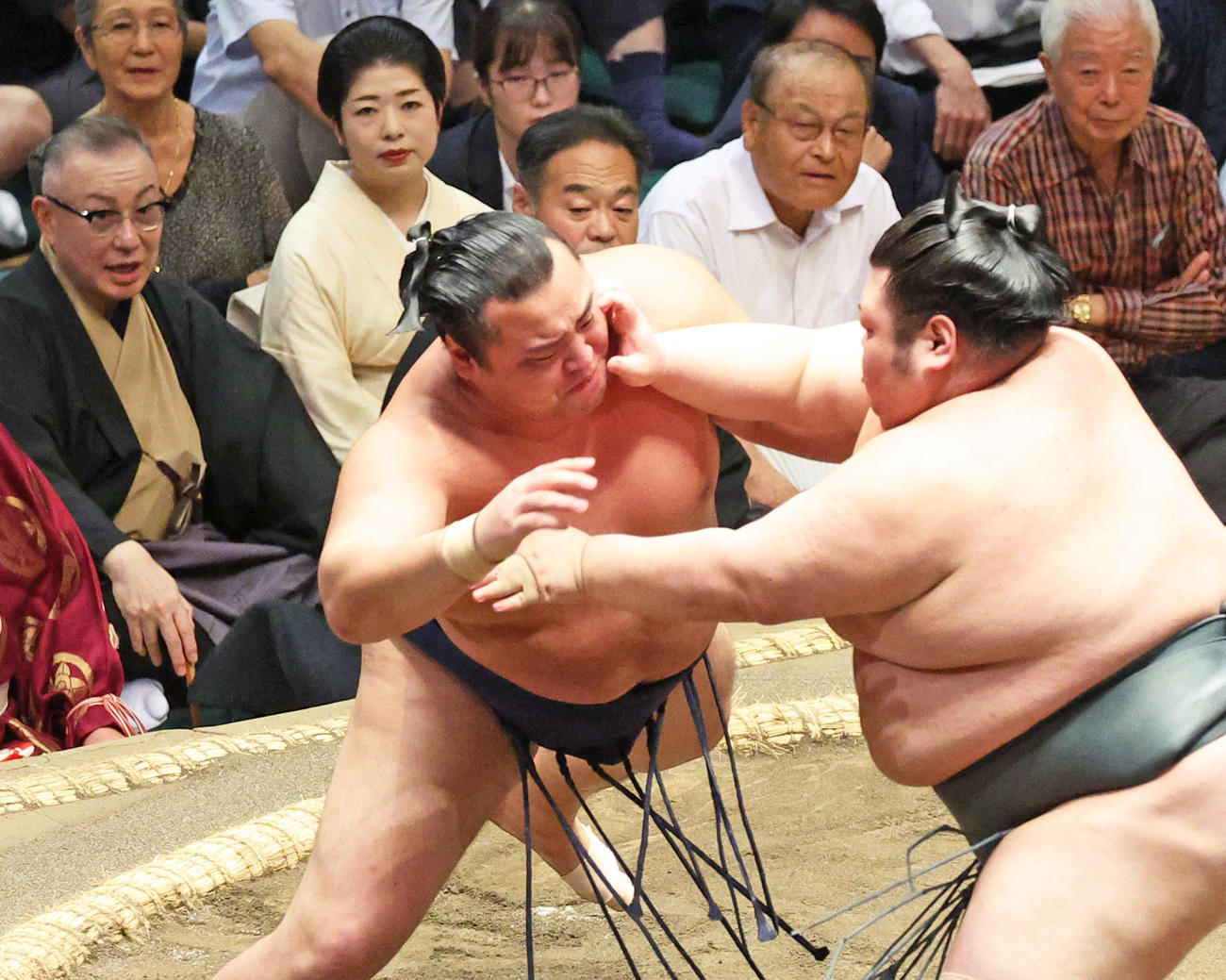 北の若（左）－武将山の取組みを観戦する岩下尚史さん（撮影・中島郁夫）