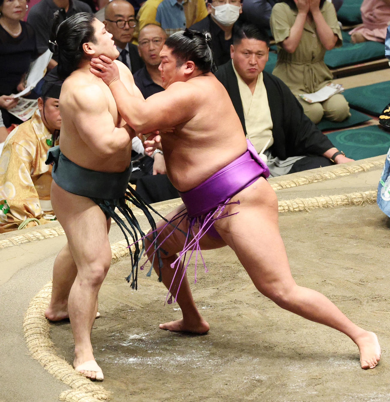 朝紅龍（左）を押し出しで破る尊富士
