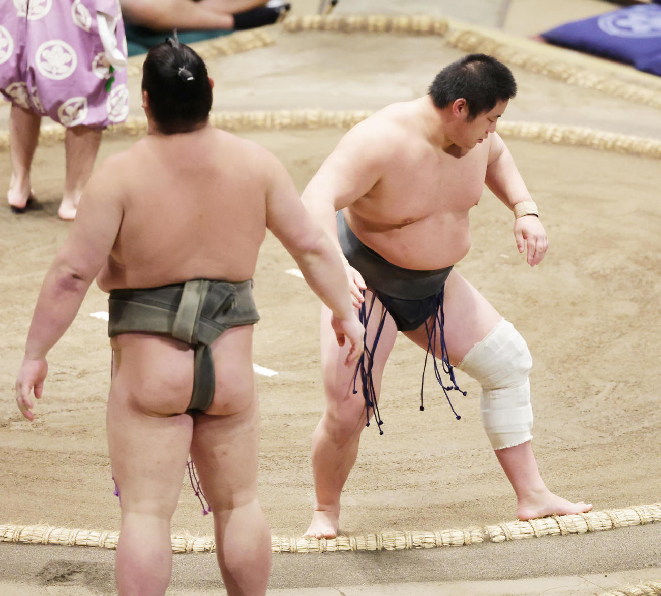 琴大進（左）を押し出しで破った三田（撮影・野上伸悟）
