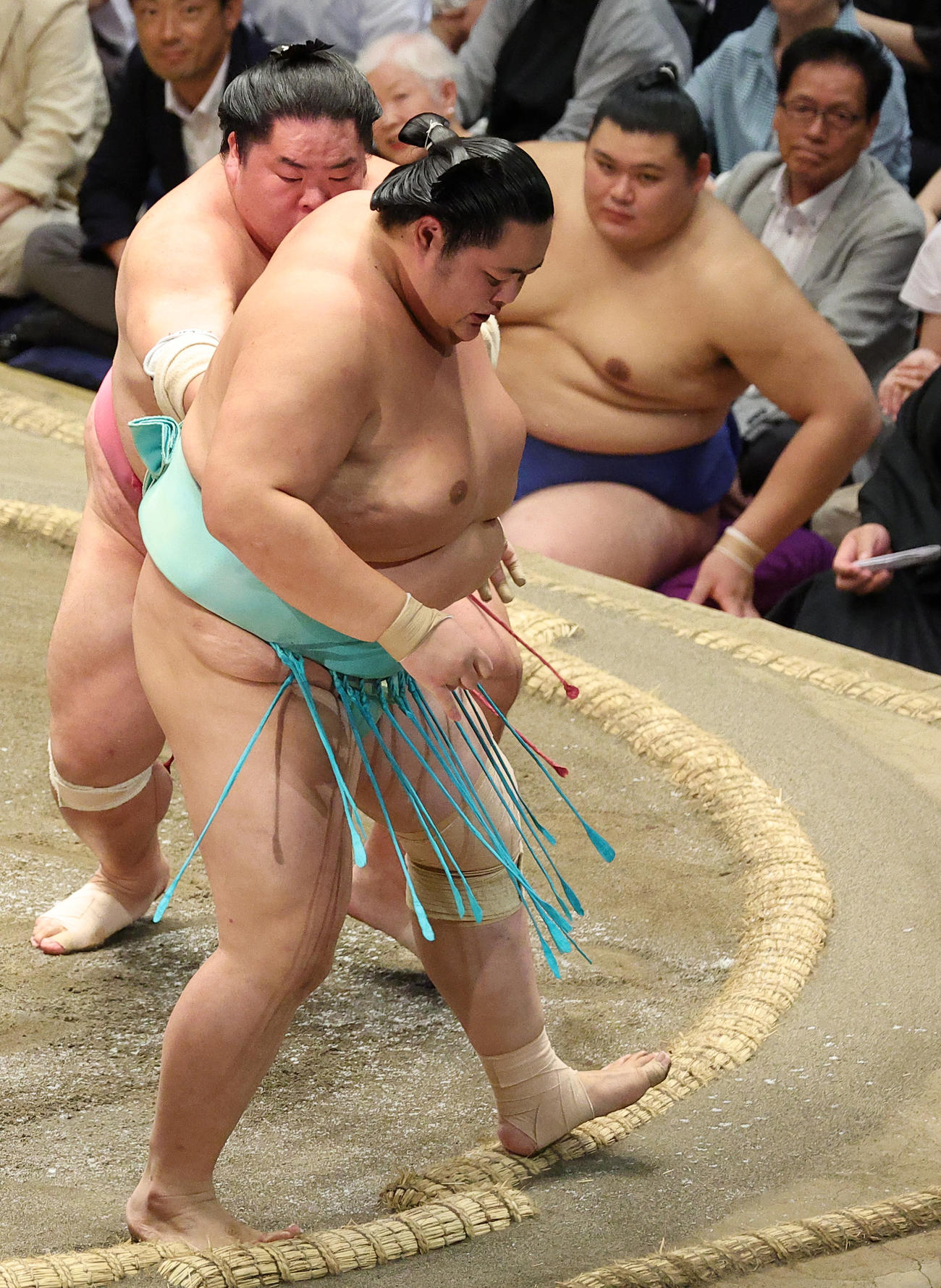 大栄翔（左）に押し出しで敗れる琴桜。土俵下は大の里（撮影・中島郁夫）