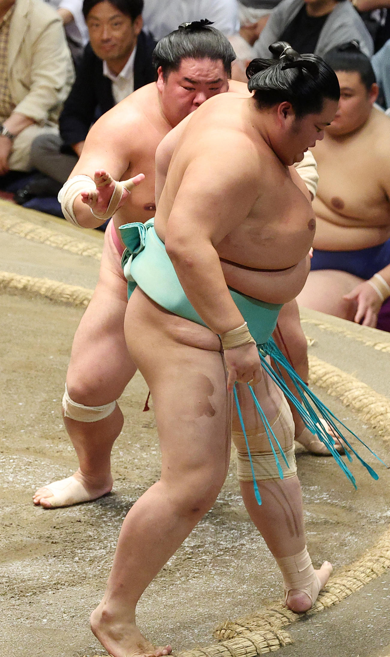 大栄翔（左）に押し出しで敗れる琴桜（撮影・中島郁夫）