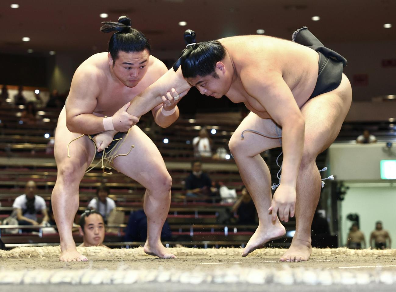 炎鵬（左）は冨蘭志壽を勢いよく攻める（撮影・河田真司）