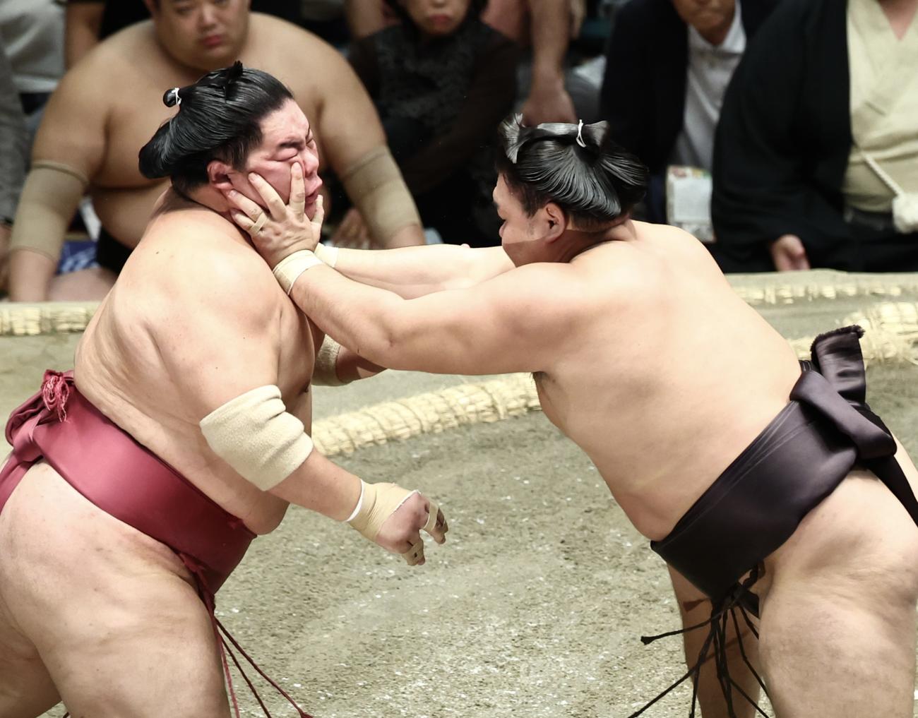 大栄翔（左）を突き出す霧島（撮影・河田真司）