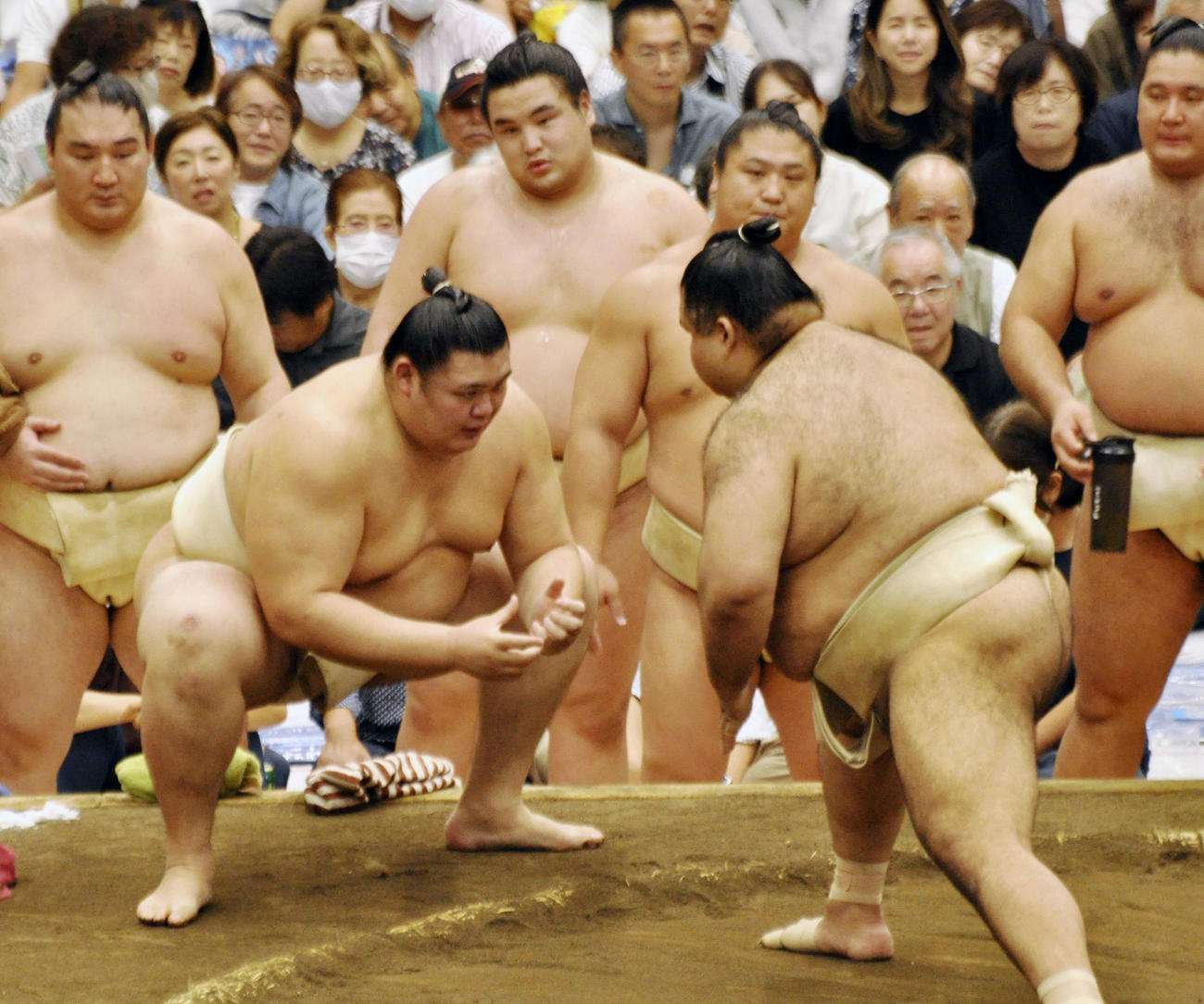 秋巡業が始まり、ぶつかり稽古を行う新大関大の里（手前左）＝東京都足立区（共同）