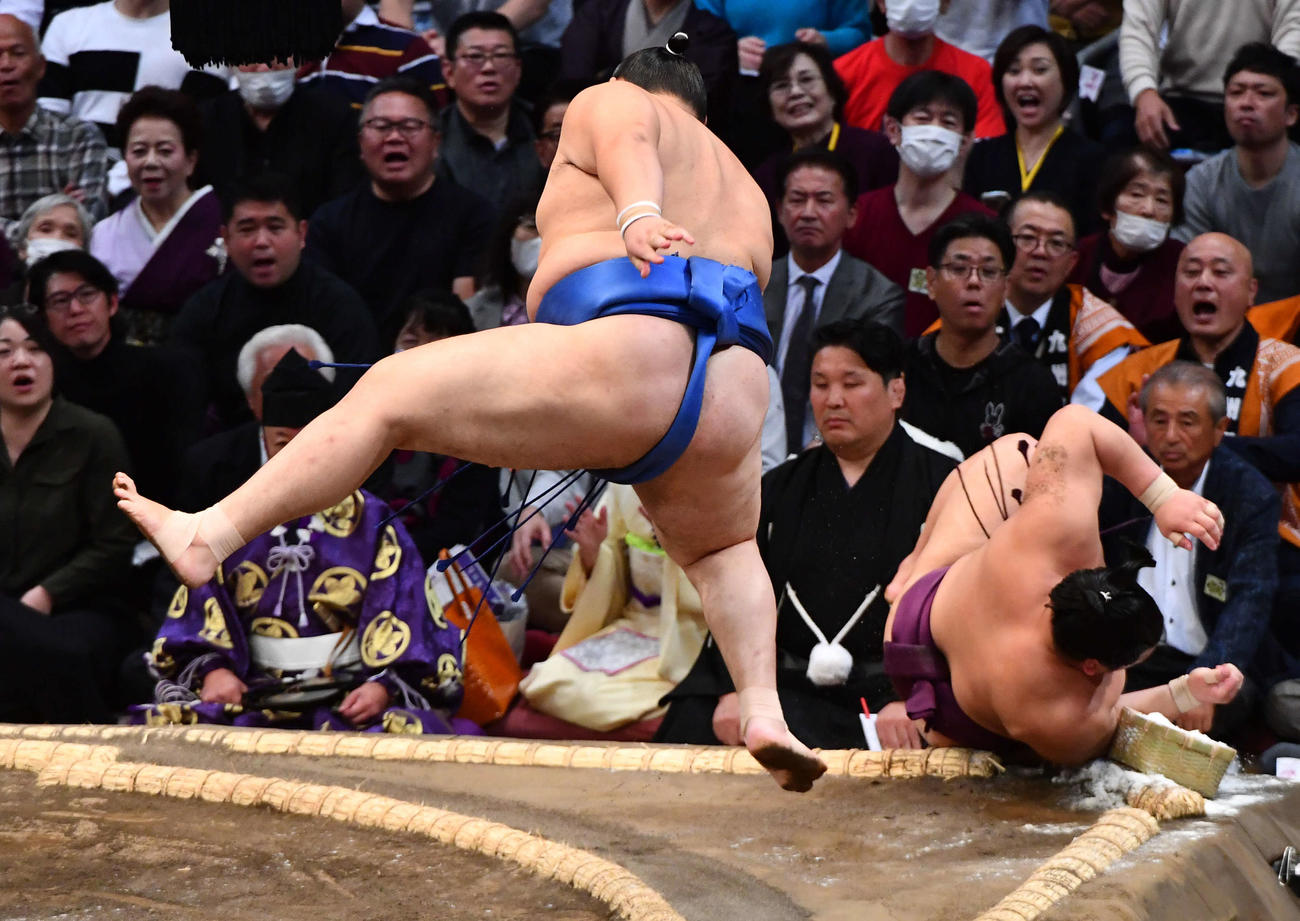 大の里（左）は平戸海を突き落としで破る（撮影・岩下翔太）