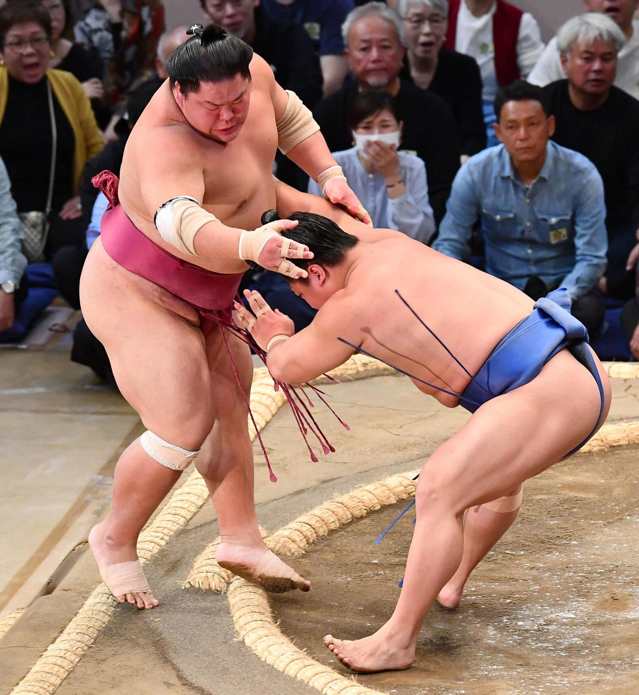 大相撲九州場所2日目　若隆景（右）は大栄翔を押し出しで破る（撮影・岩下翔太）