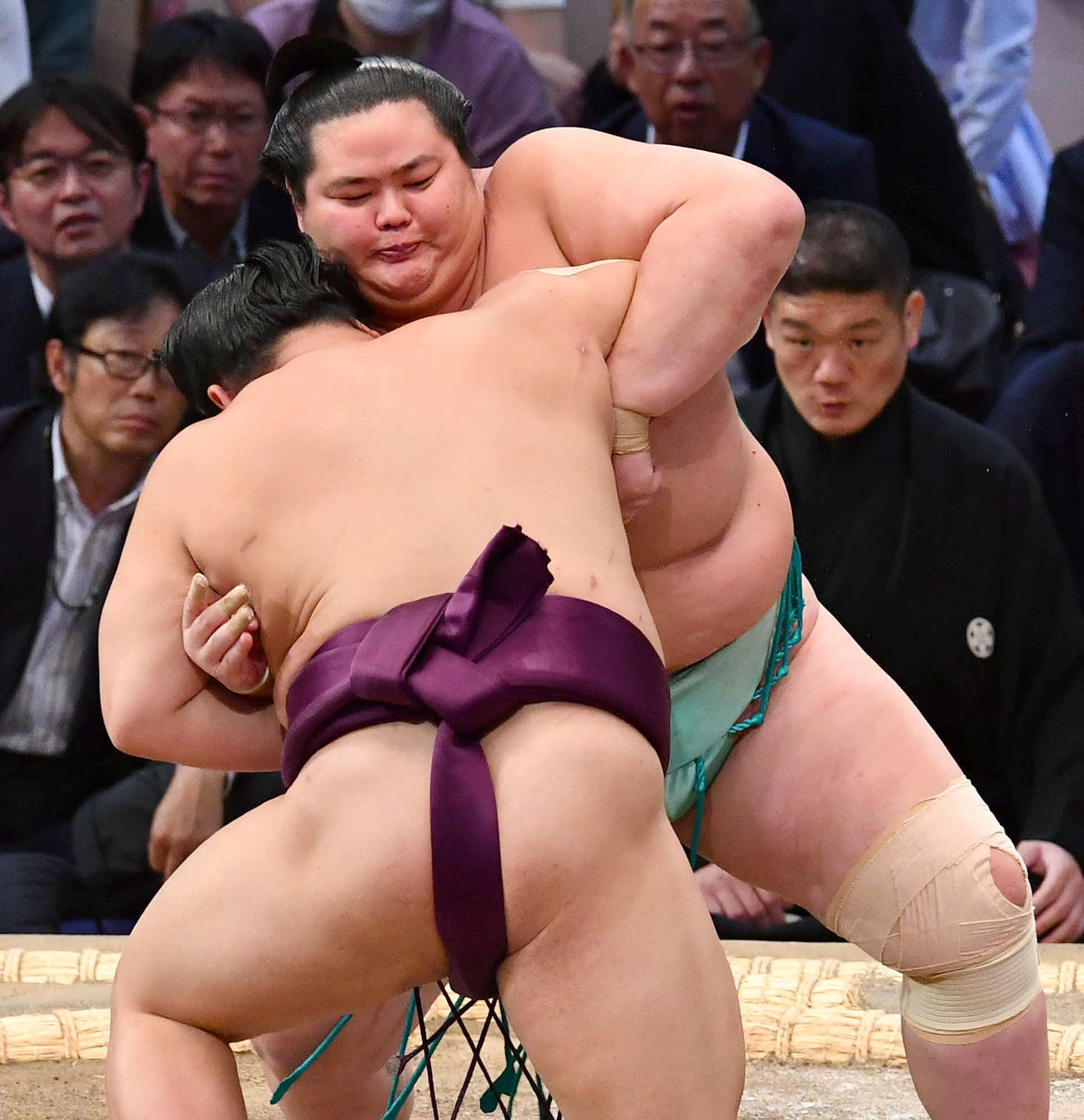 平戸海（手前）と組み合う琴桜（撮影・岩下翔太）