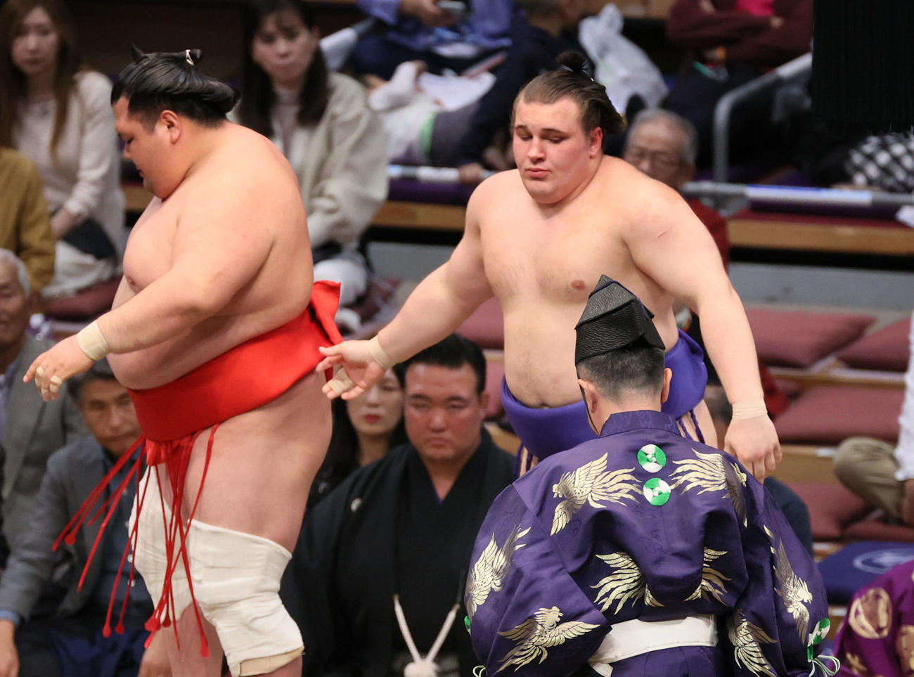 大相撲九州場所　3日目　安青錦（右）は押し出しで阿武咲を破る（撮影・加藤孝規）