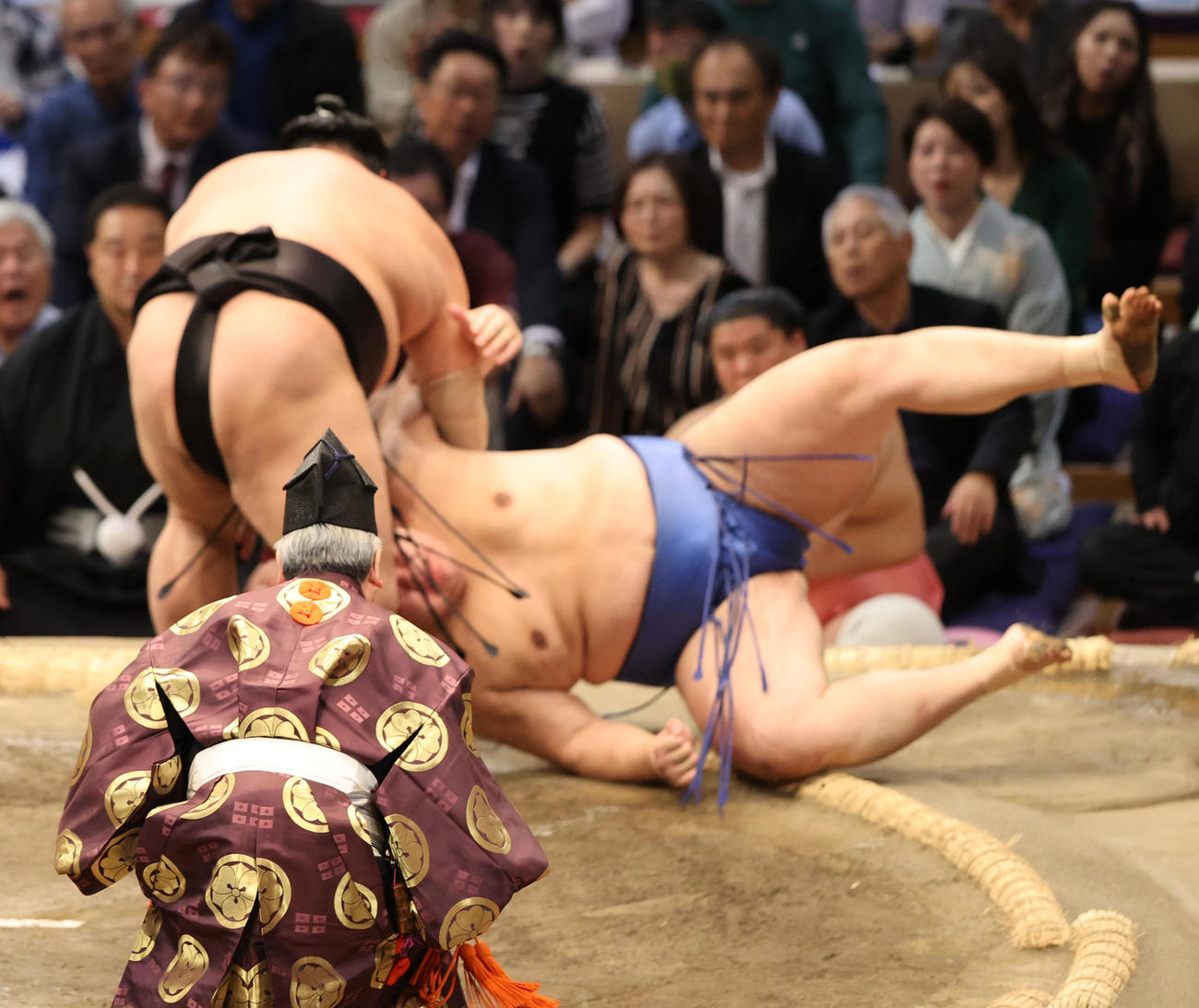 大相撲九州場所　4日目　すくい投げで大の里を破った阿炎（左）（撮影・梅根麻紀）
