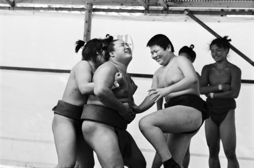九州場所初日を翌日に控え本場所用の締め込みをつけ、若い者とプロレスごっこに興じる横綱北の富士（1971年11月13日）