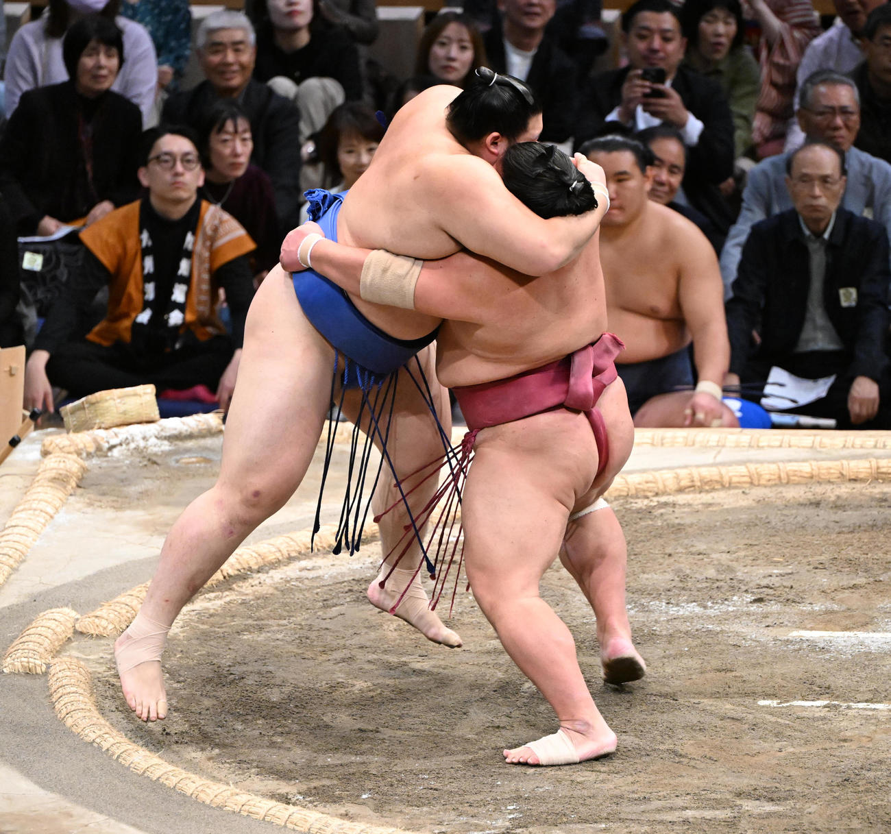 大栄翔（右）は寄り切りで大の里を破る（撮影・和賀正仁）