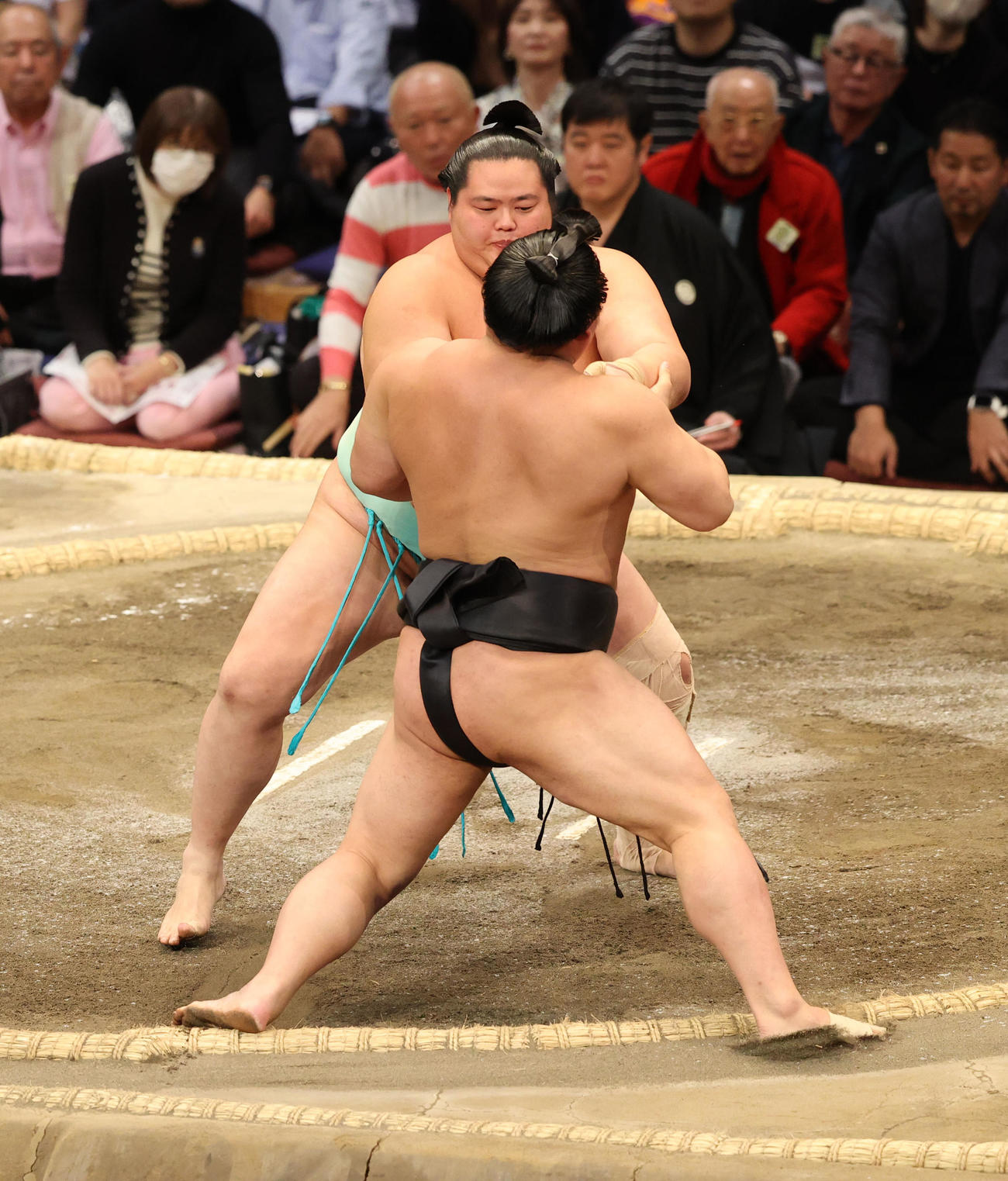 大相撲九州場所　11日目　押し出しで若元春を破った琴桜（奥）（撮影・梅根麻紀）