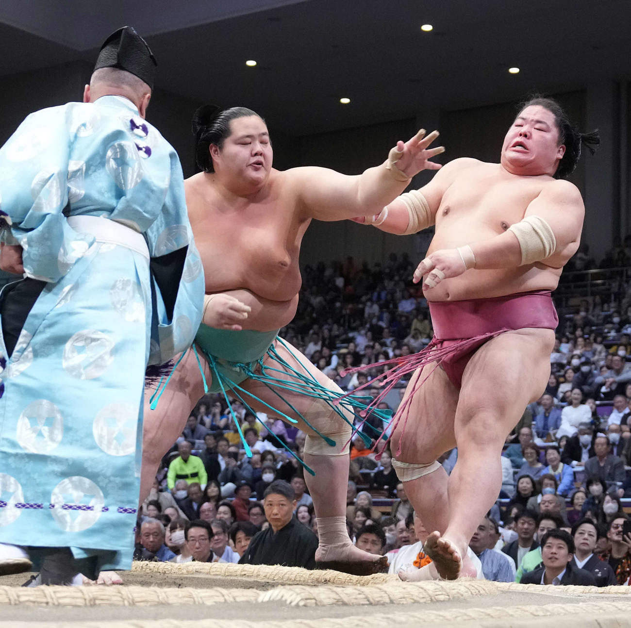 琴桜（中央）は大栄翔を押し出しで破る（撮影・小沢裕）