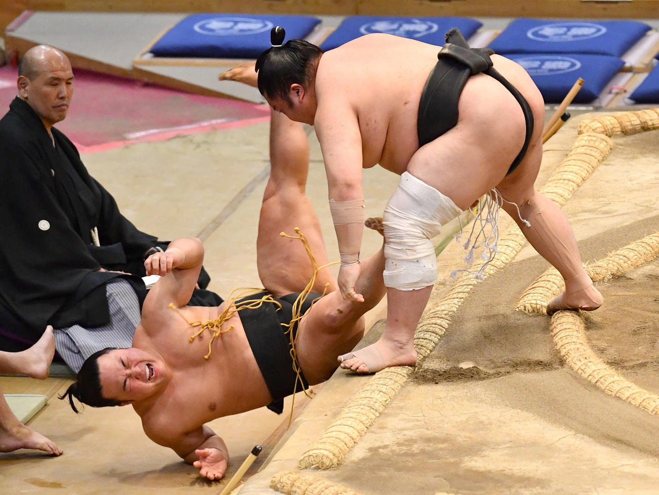 大相撲九州場所13日目　押し出しで藤闘志（右）に敗れた炎鵬（撮影・岩下翔太）