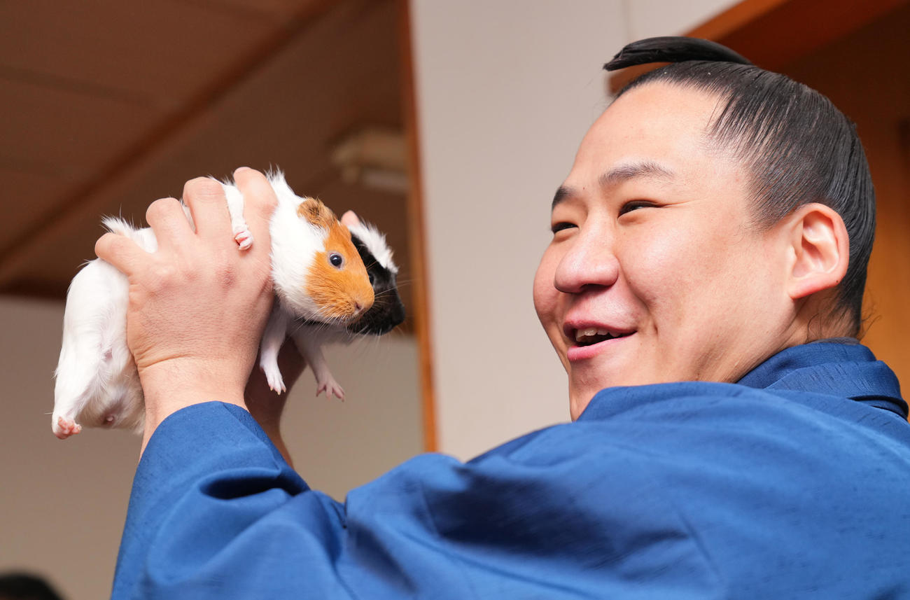 新入幕の玉正鳳はペットでモルモットのハムちゃん（手前）とカムちゃんを手に笑顔を見せる（撮影・垰建太）