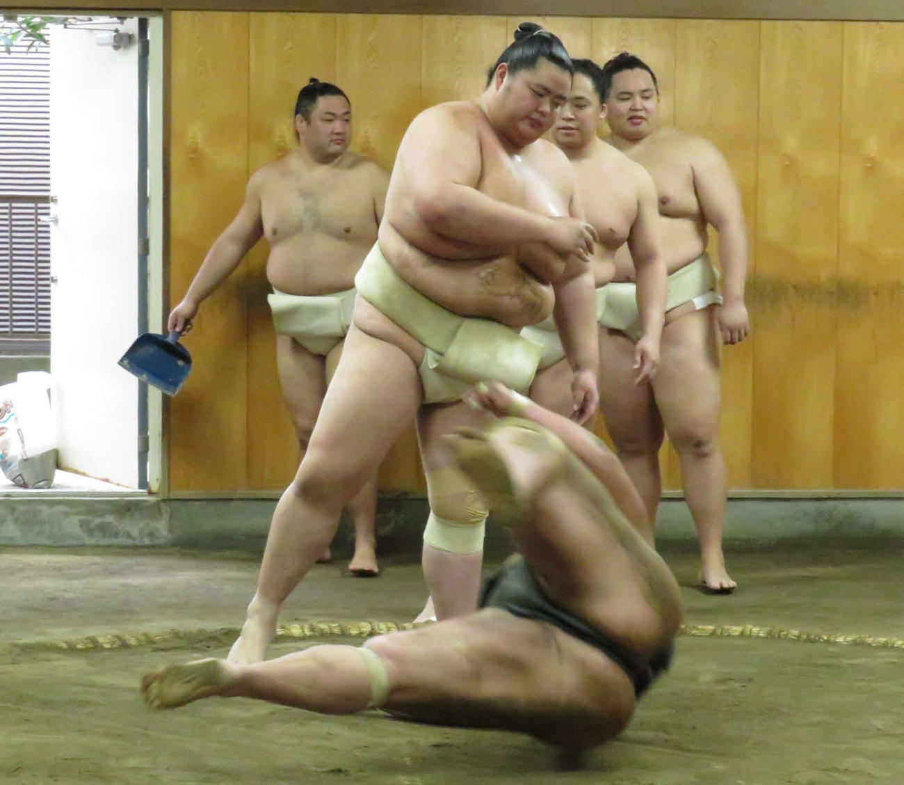 今年最後の稽古で若い衆に胸を出した琴桜（手前から2人目）。後方は左から若者頭の琴裕将、十両琴栄峰、前頭琴勝峰
