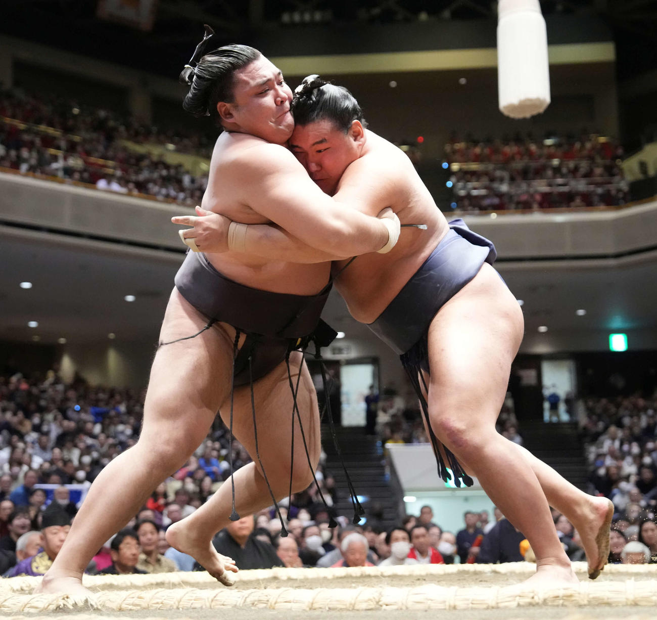 霧島（左）を土俵際へ攻め込む豊昇龍（撮影・小沢裕）