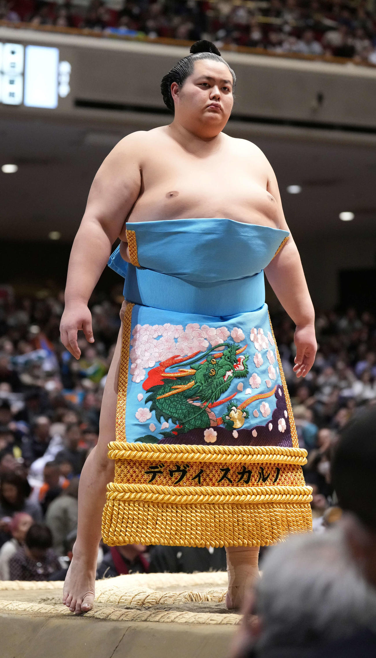 デヴィ夫人から贈られた化粧まわしで幕内土俵入りに臨む琴桜（撮影・小沢裕）