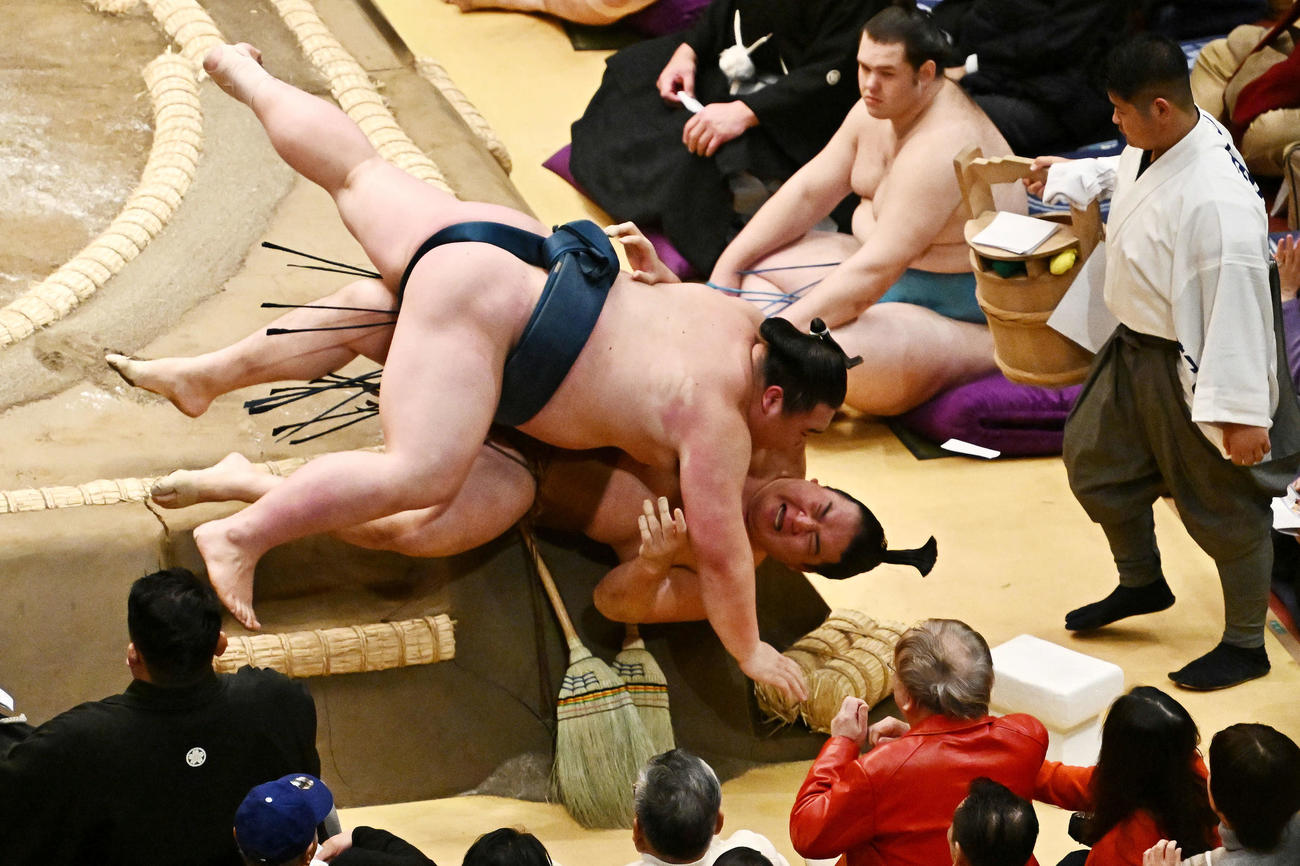 白熊（上）は竜電を寄り倒しで破る（撮影・滝沢徹郎）