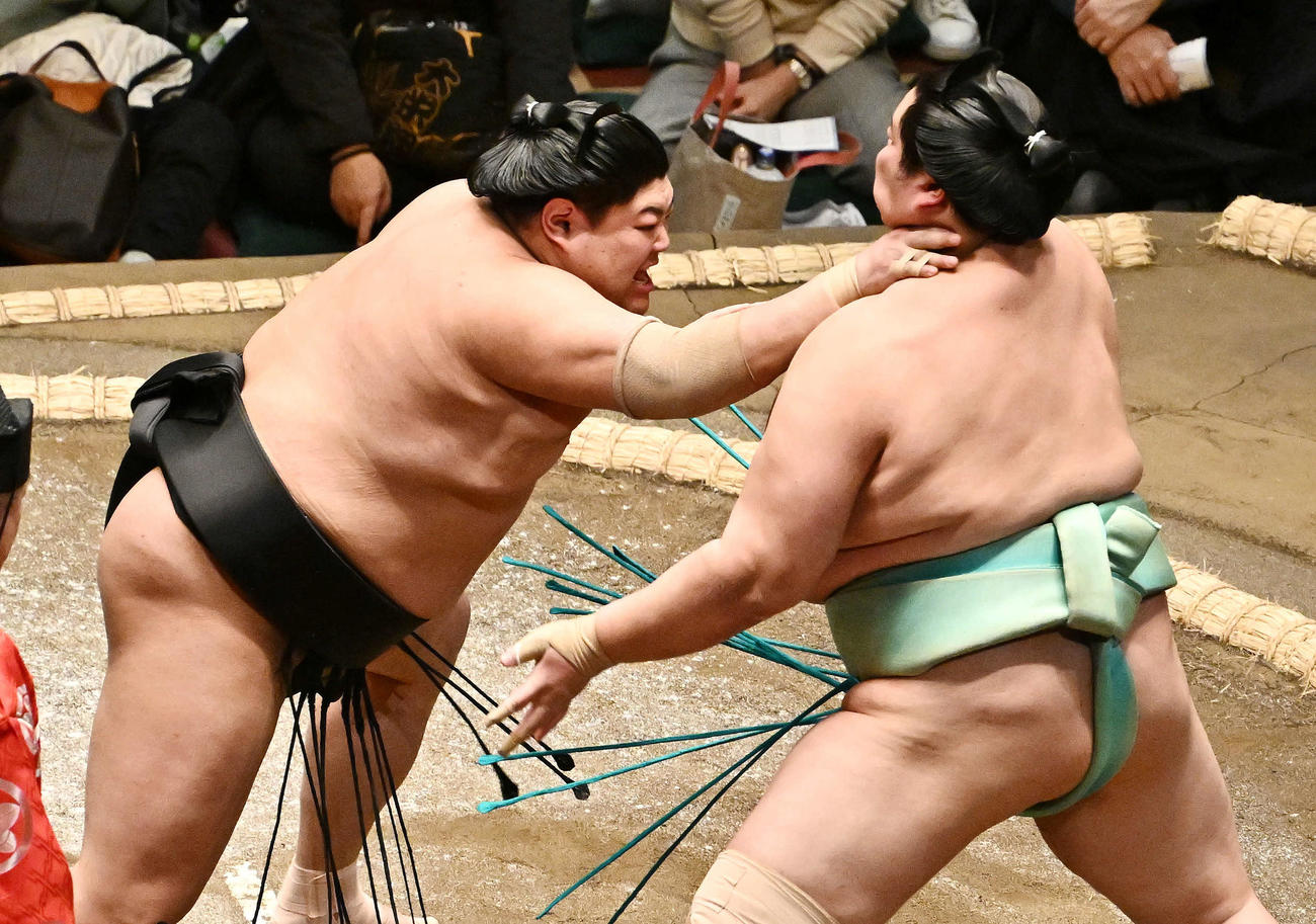 阿炎（左）は琴桜を攻める（撮影・滝沢徹郎）
