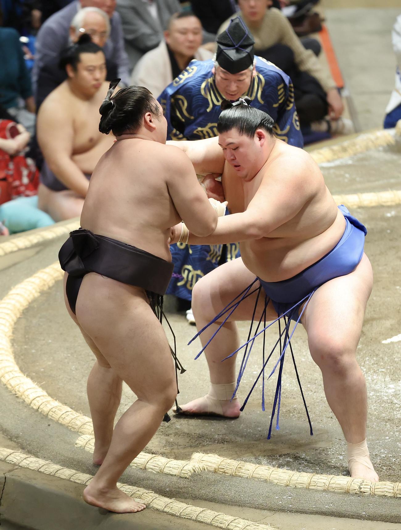 霧島（左）を押し出しで破る大の里（撮影・河田真司）