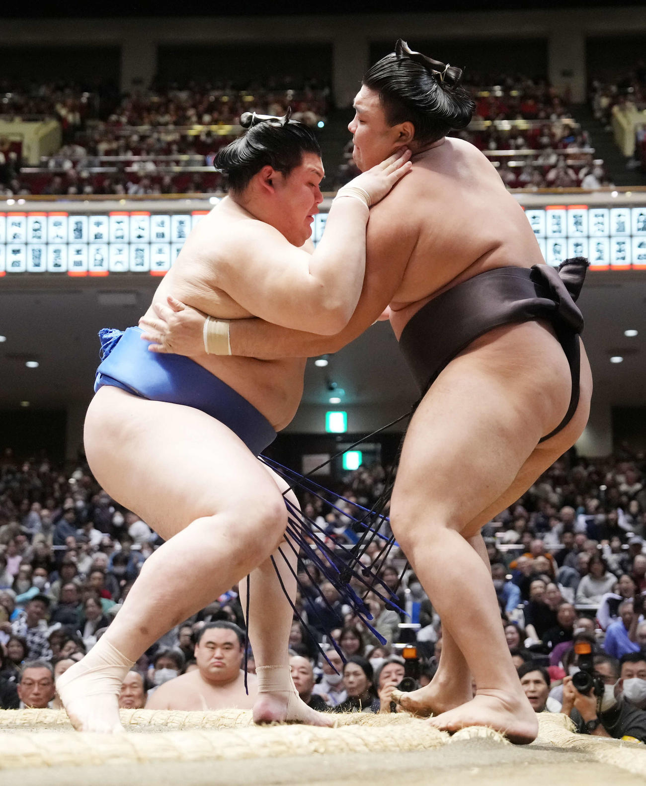 霧島（右）を押し出しで破る大の里（撮影・小沢裕）