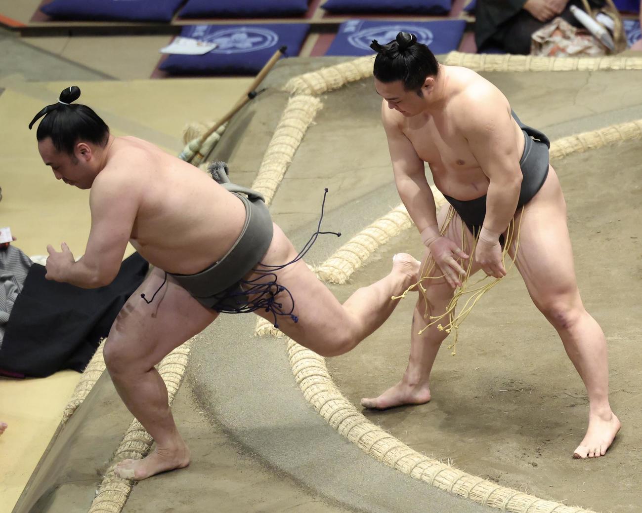 須山（左）を押し出しで破る炎鵬（撮影・河田真司）